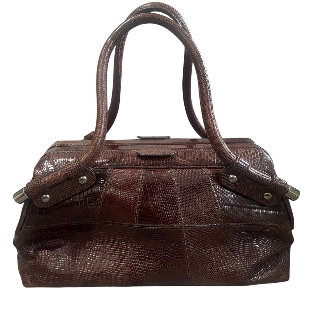 Salvatore Ferragamo Dark Brown Lizard-Embossed Leather Satchel - Picture 3 of 12